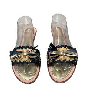 Kate Spade New York Navy Raffia and Gold bow leather slide sandals women’s 9